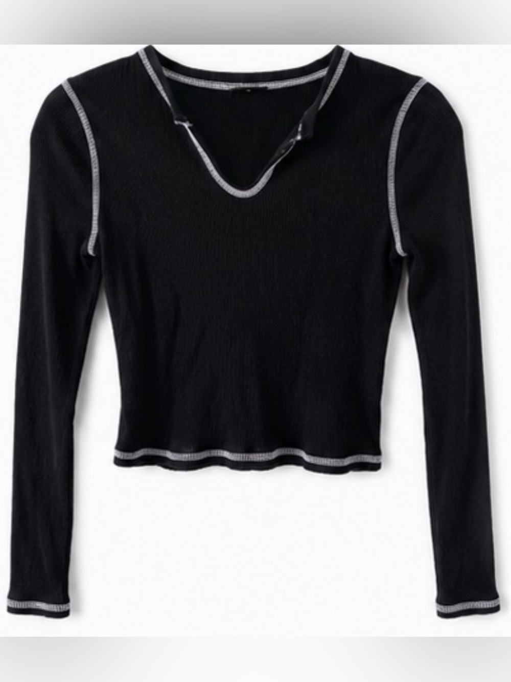 Zine Clothing Black Ribbed Long-Sleeve Top with Contrast Gray Stitching